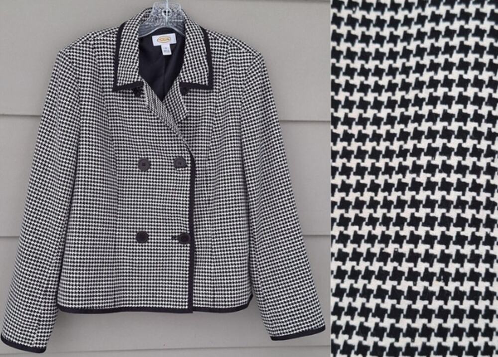 TALBOTS Houndstooth Ladys Jacket Double Breasted Blazer Black White Wool Silk 12